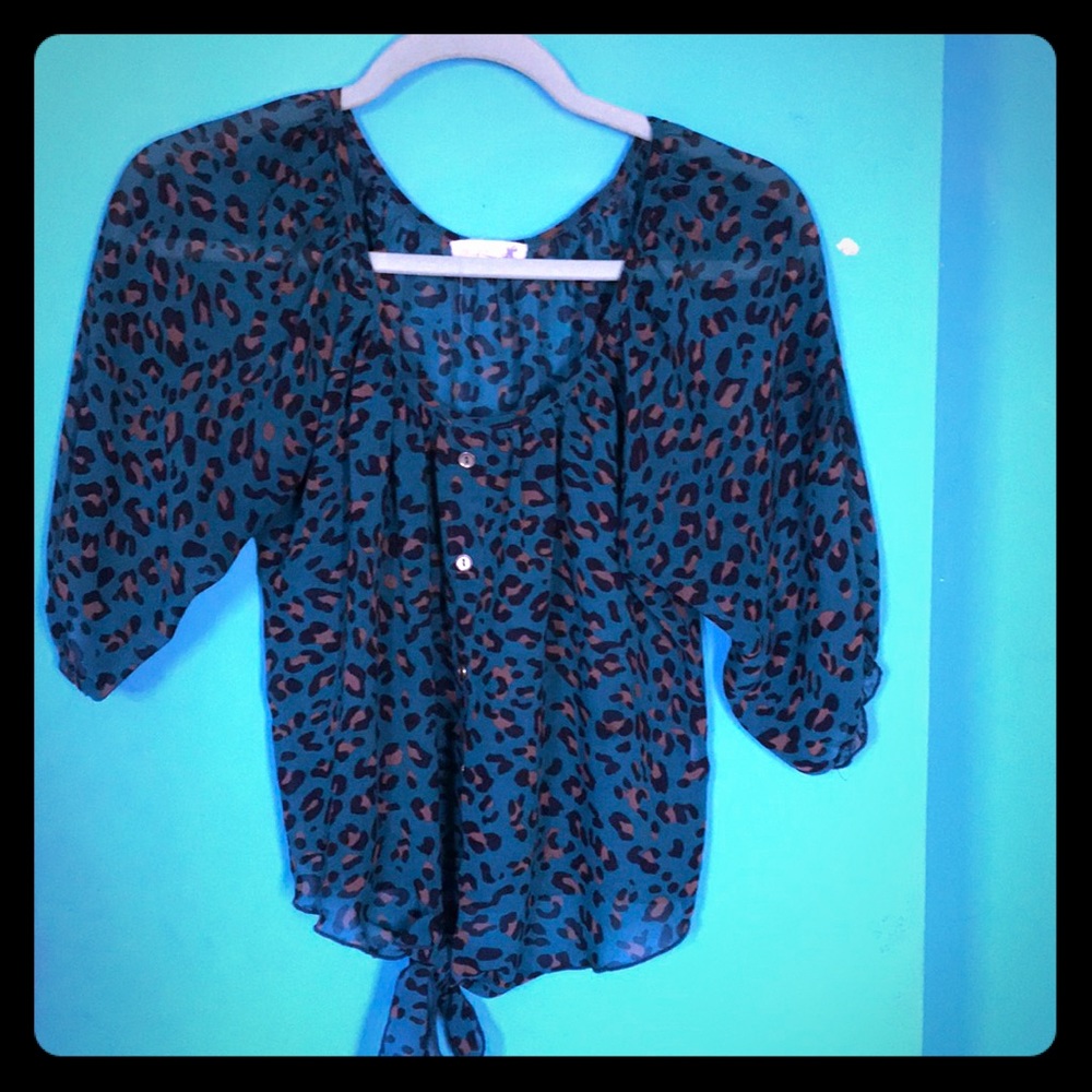 Teal, lace cheetah print blouse